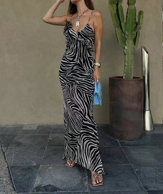 Ruffled Print Street Style Maxi Dress