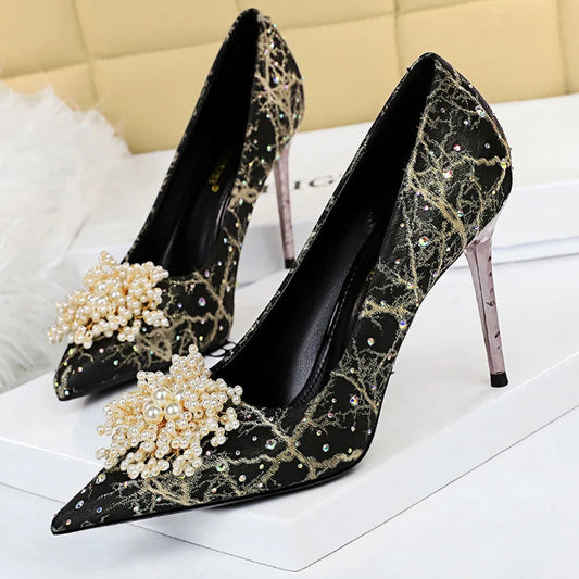 Rhinestone Pearl Flower High Heel Luxury Party Shoes Woman