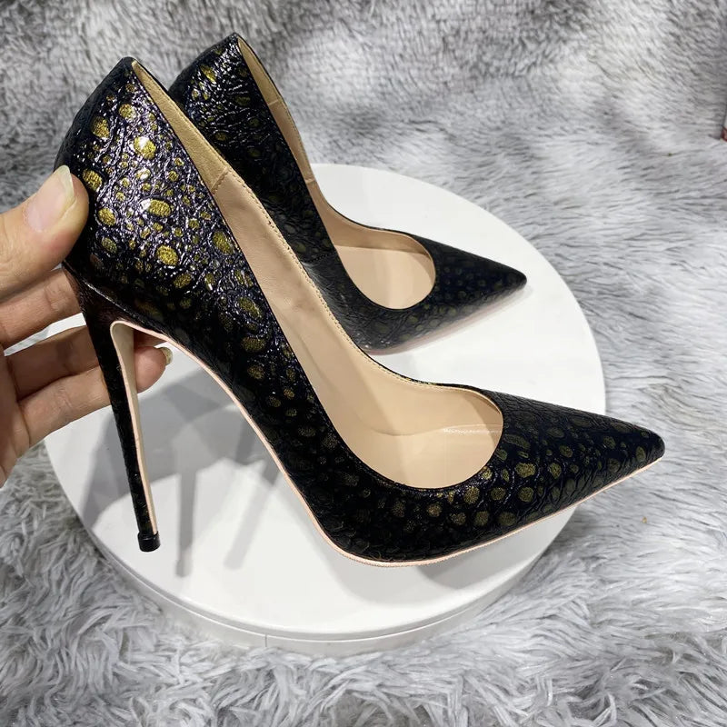 Bronze Black Crocodile Effect Women Sexy High Heel Shoes - 8cm, 10cm, 12cm