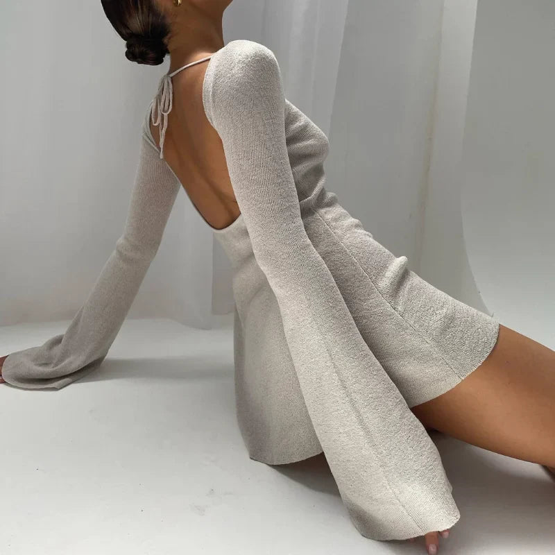 Knit Lace Up Long Sleeve Beach Mini Dress