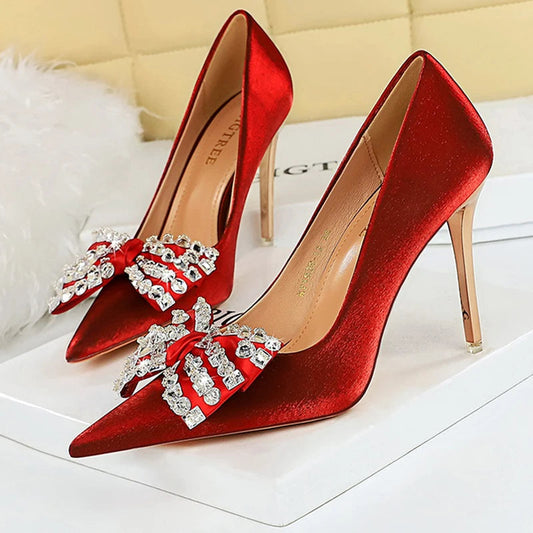 Rhinestone Satin Pointed High-Heel Pumps for Women