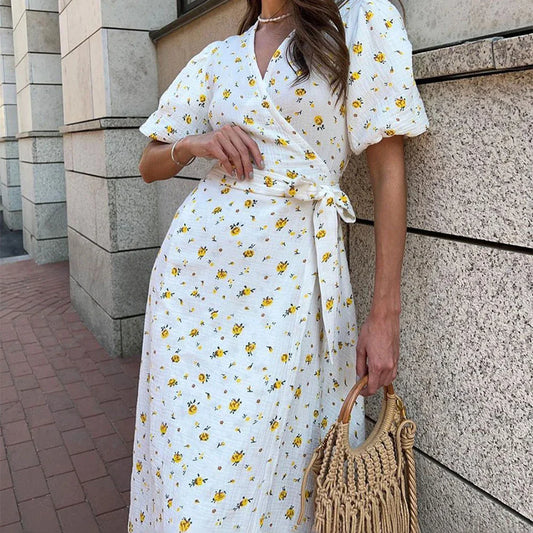 Floral V Neck A Line Slit Midi Dress