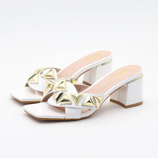 Metal decorative willow nails open toe sandals with 7CM thick heels