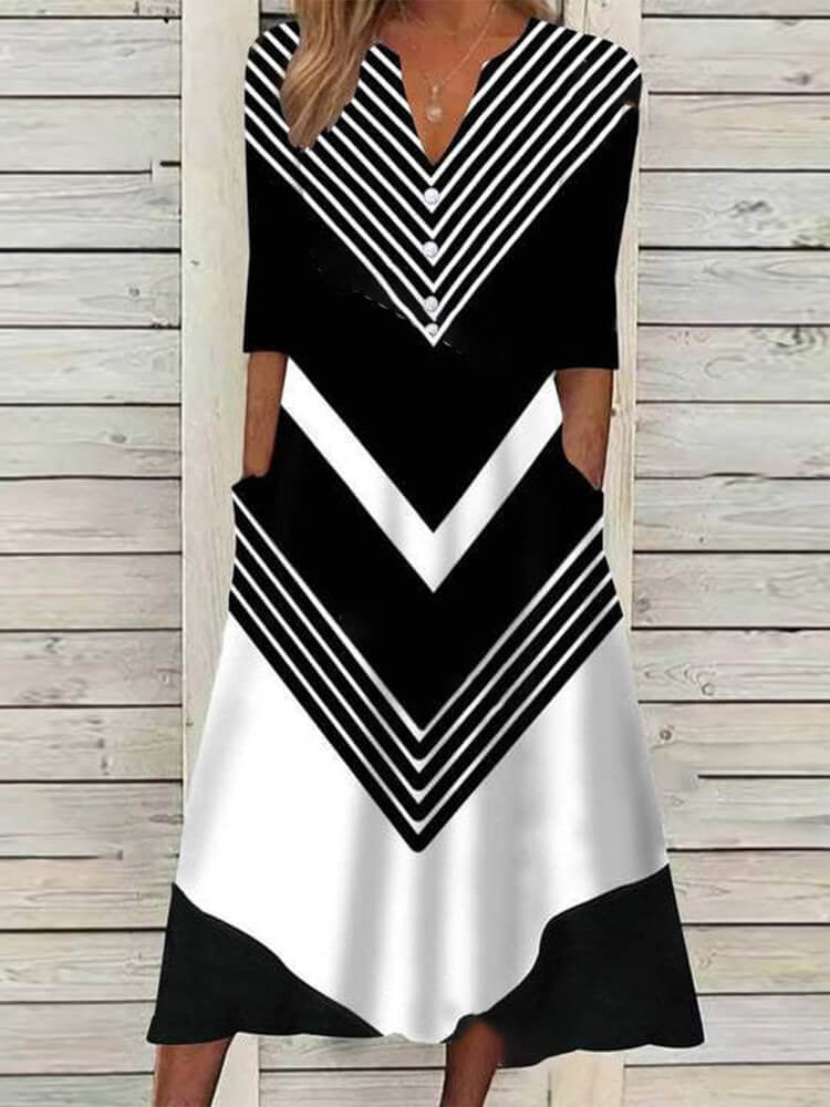 V Neck Half Sleeve Chevron Stripe Pocket Midi Dress