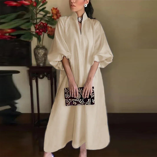 Stand Collar V-Neck Balloon Sleeve Oversized A-Line Maxi Dress