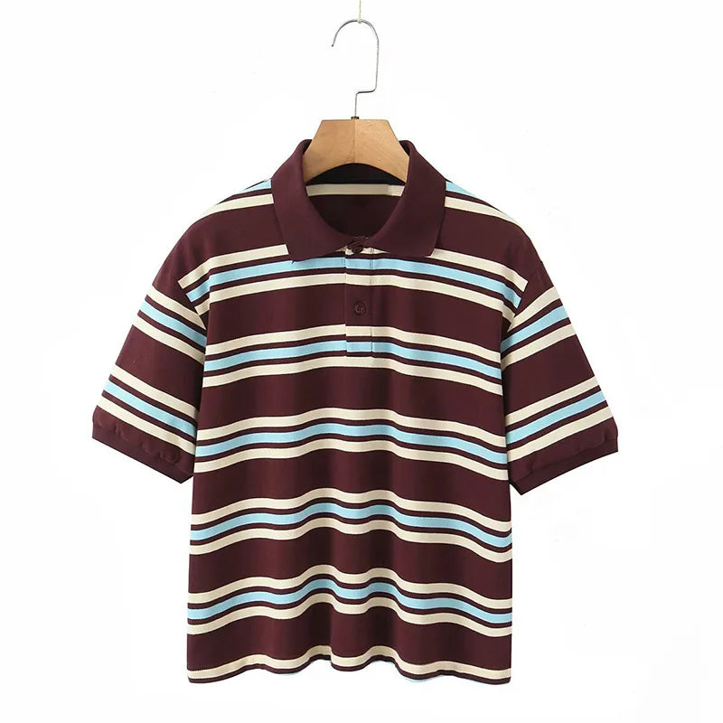 Fashion Stripe Women's T-shirt Casual Short Sleeve Female All Match Polo Shirts Summer New Ladies Loose Tops High Street