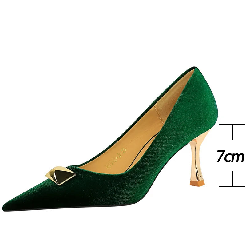 Kitten Heel Pointed Metal Buckle Pumps for Women with Metal Heel