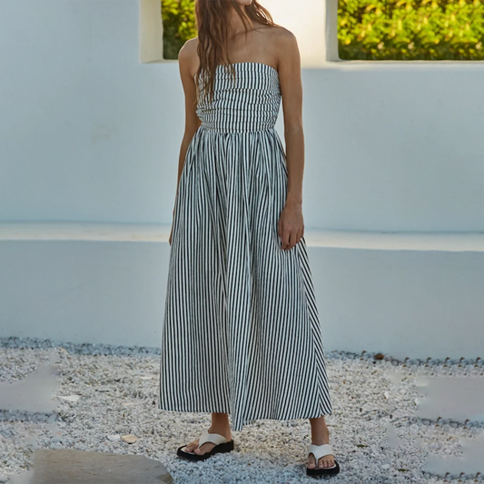 Striped Strapless Flowy Tube Midi Dress