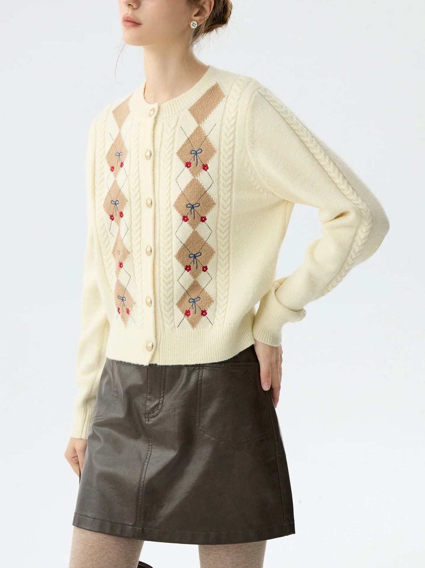 Jacquard Round Neck Office Knit Cardigan