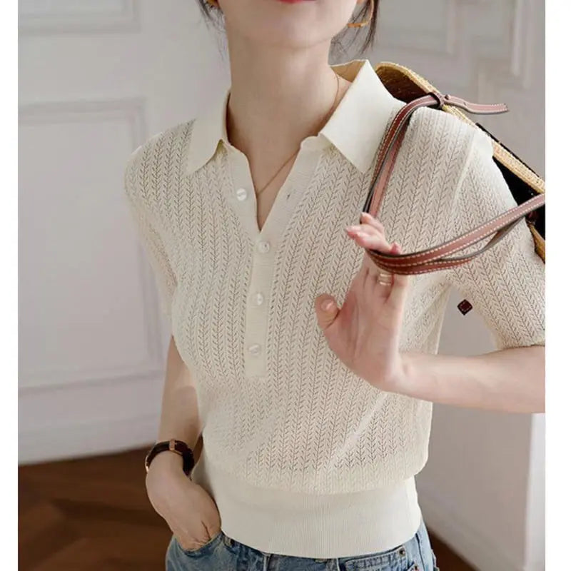| Ribbed Knit Polo Blouse