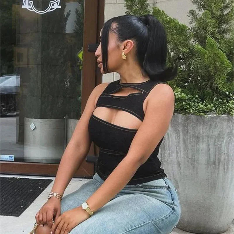 Round Neck Hollow Slim Crop Top