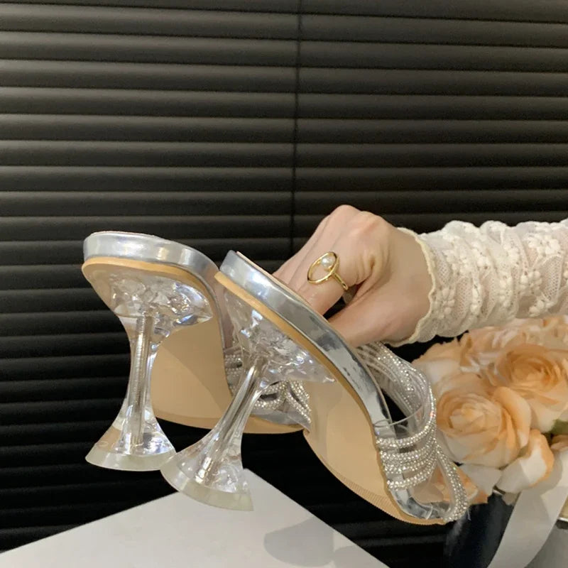 PVC Transparent Open Toe Crystal Slippers Women Low Heels for Summer Banquets