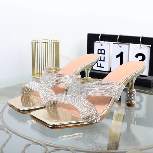 Open Toe Rhinestone Drag Slippers with Thin Heels