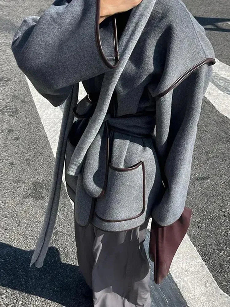 Loose Contrast Belted Woolen Coat
