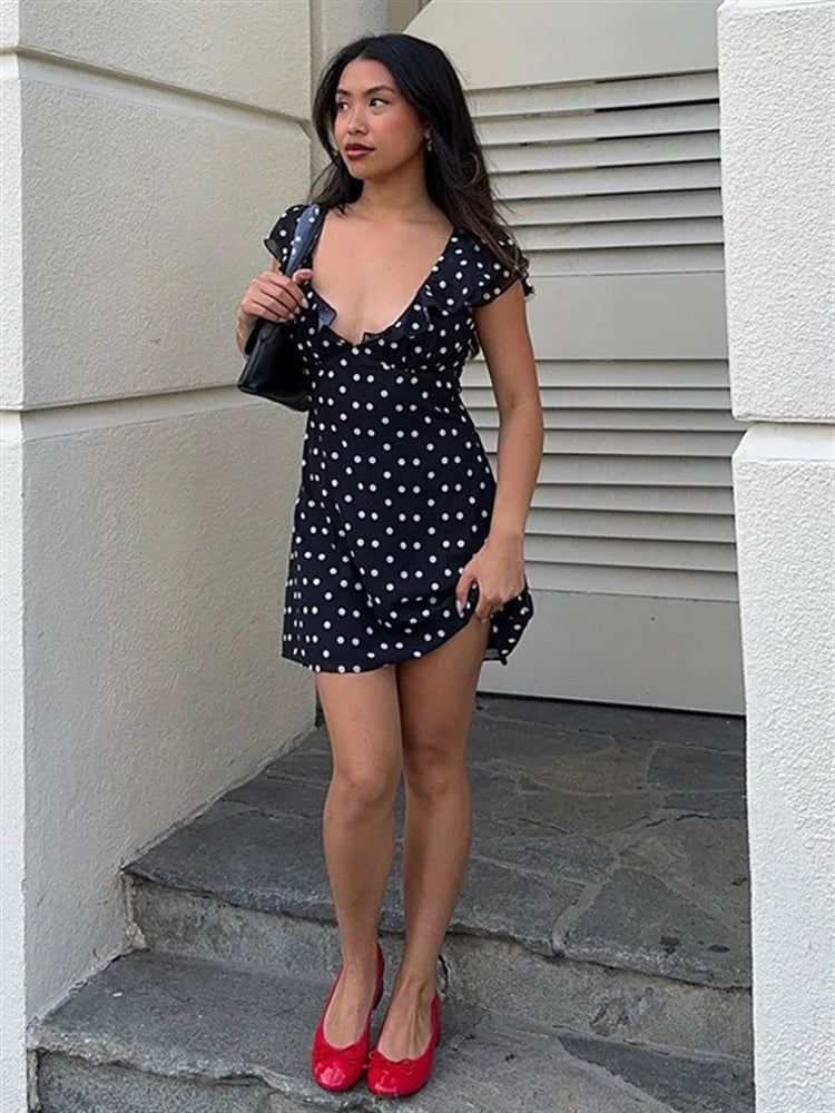 Polka Dot Chiffon Tie Waist Mini Dress