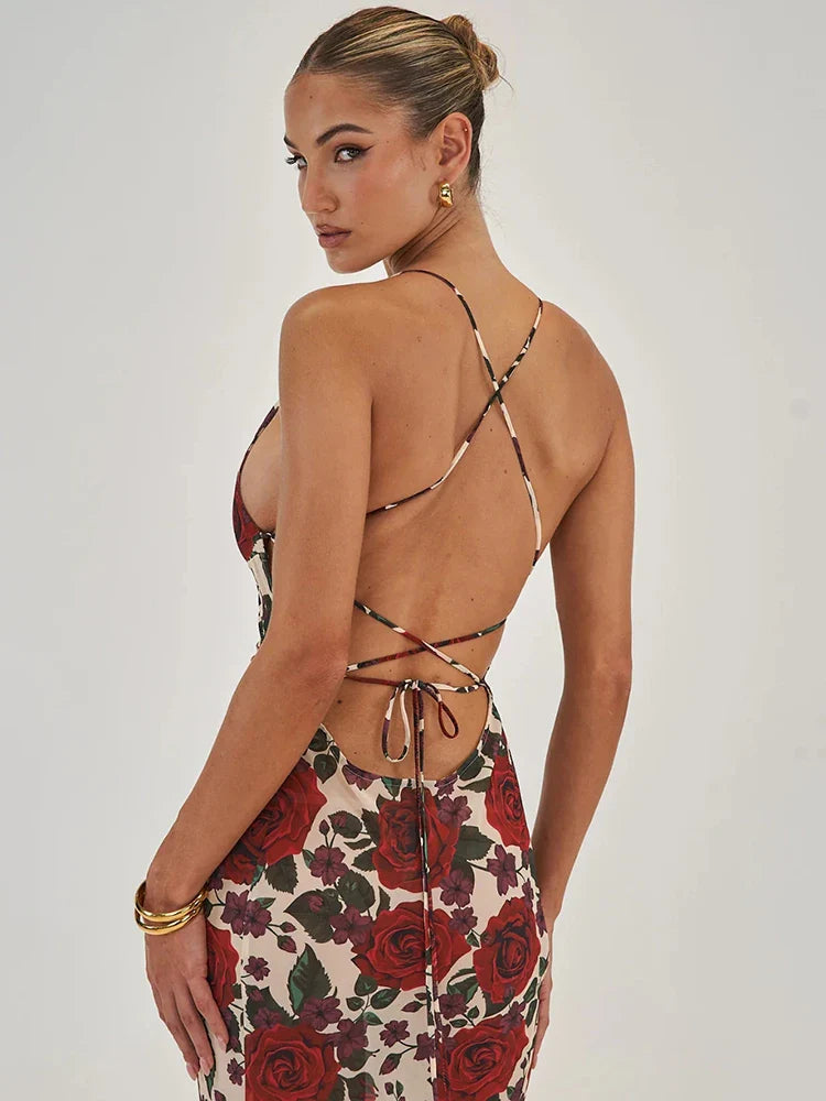 Backless Deep V Neck Lace Up Printed Vacation Dress