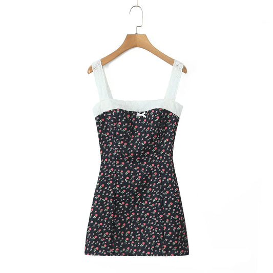 Flower Print Embroidery Lace Slash Collar Mini Dress