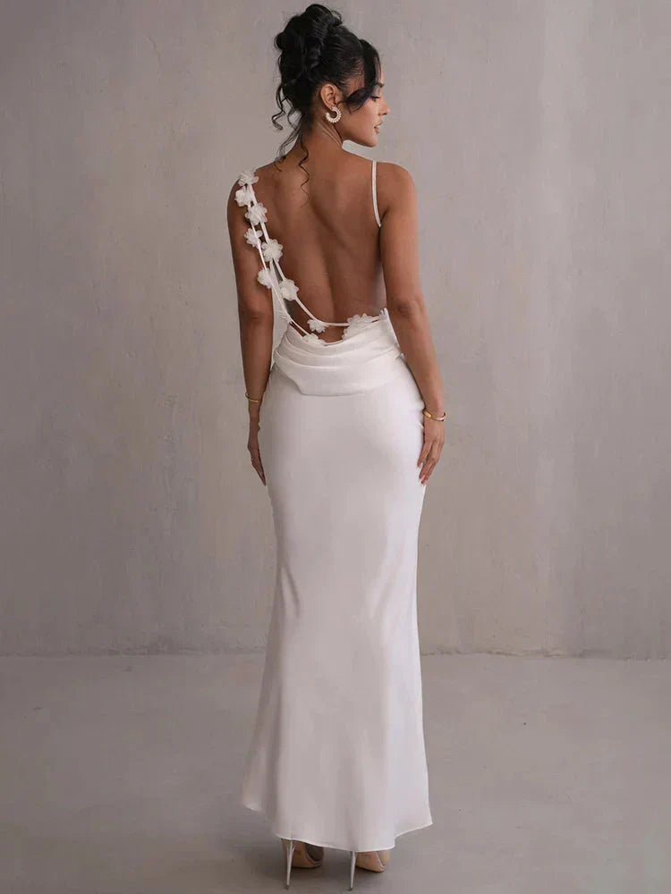 Open Back Cowl Drape Spaghetti Strap Floral Applique Maxi Gown