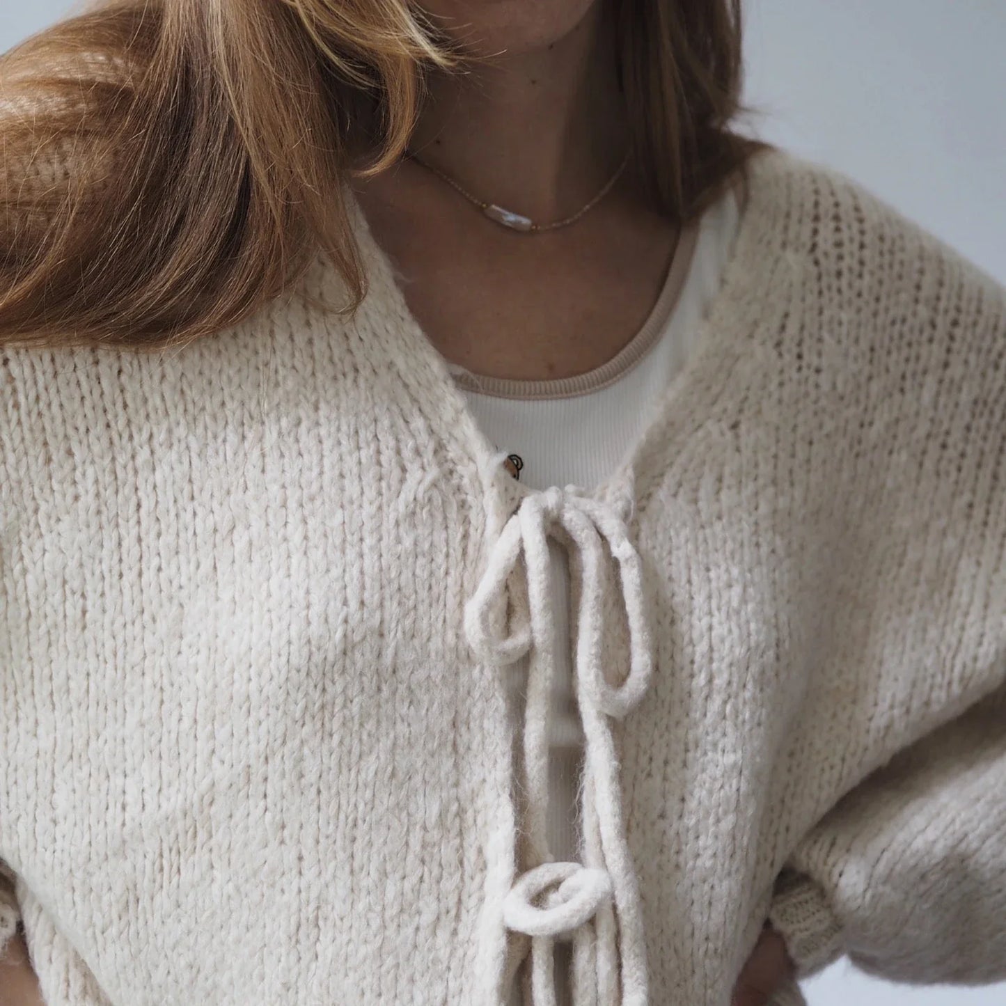 Tie-up V-neck Solid Loose Knit Cardigan