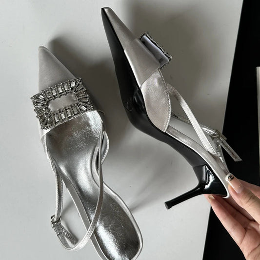 Silk Square Button Thin Heels Women Pumps