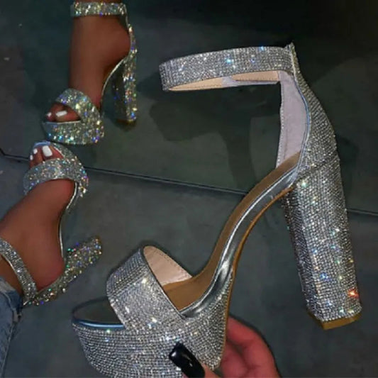 Silver Rhinestone Platform Sandals with Ankle Strap and Square High Heels for Summer
