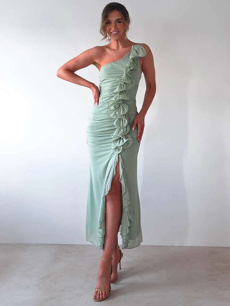 One Shoulder Draped Ruffle Bodycon Dress