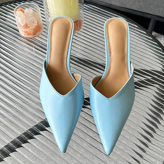 Blue Leather Slip-On Pumps for Women - Fashionable and Cozy Sandal Shoes