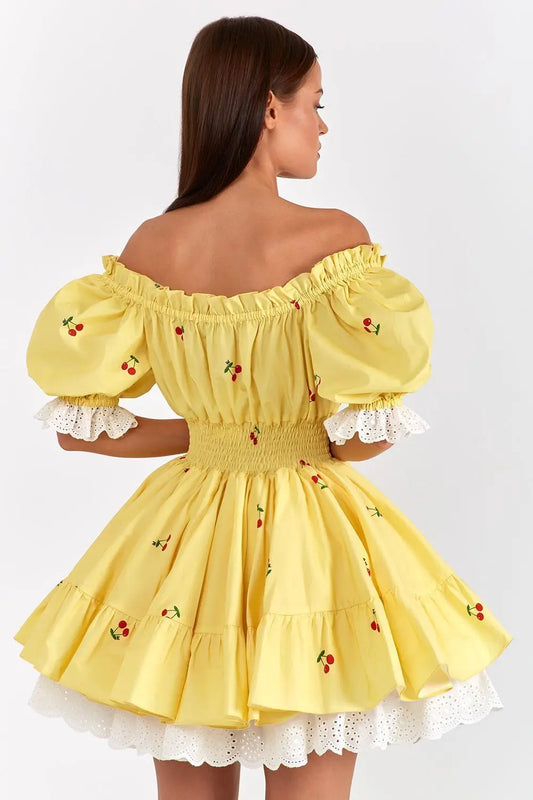 Print Puff Sleeve Ruffles Lace-up Mini Dress