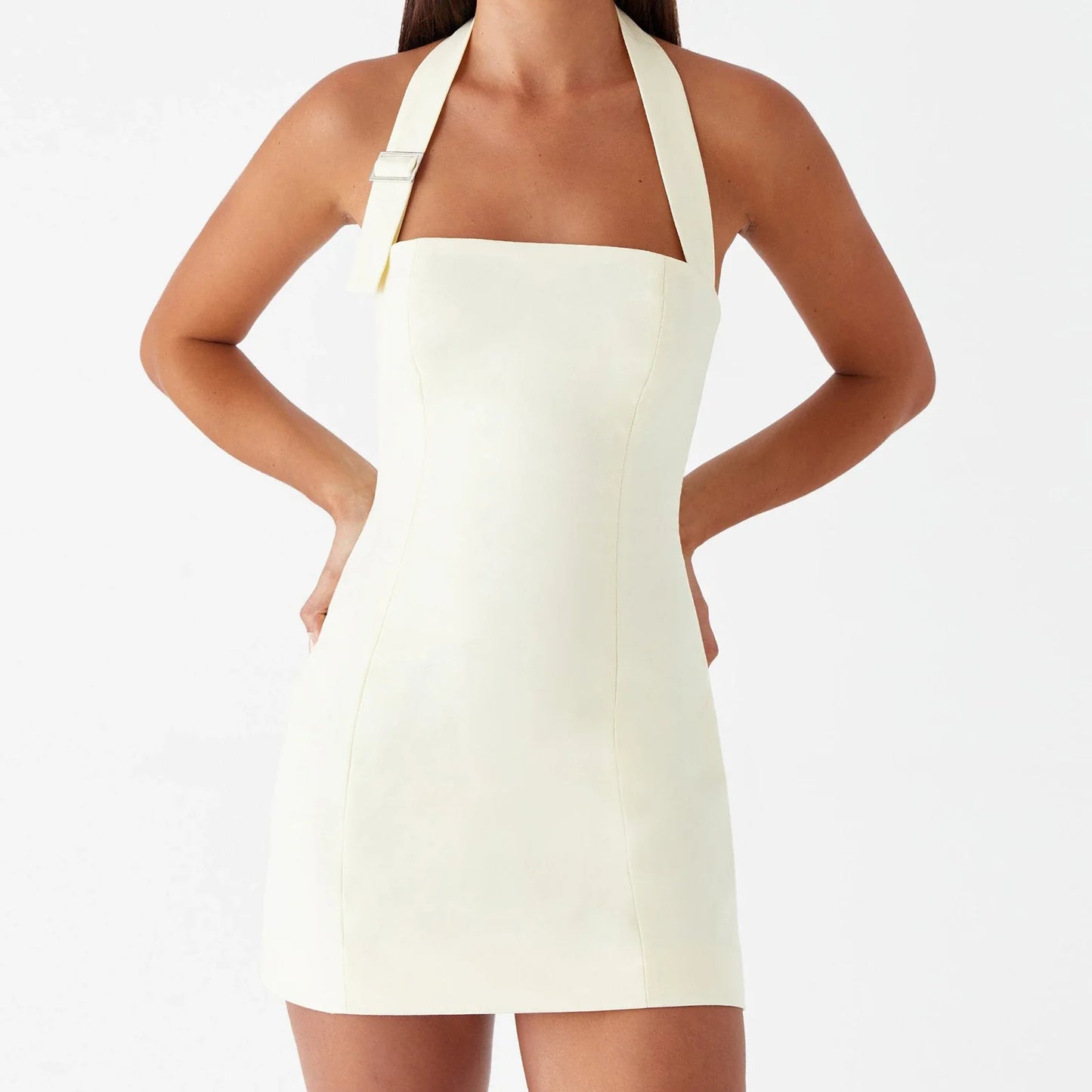 Solid Color Buckle Halter Bodycon Dress