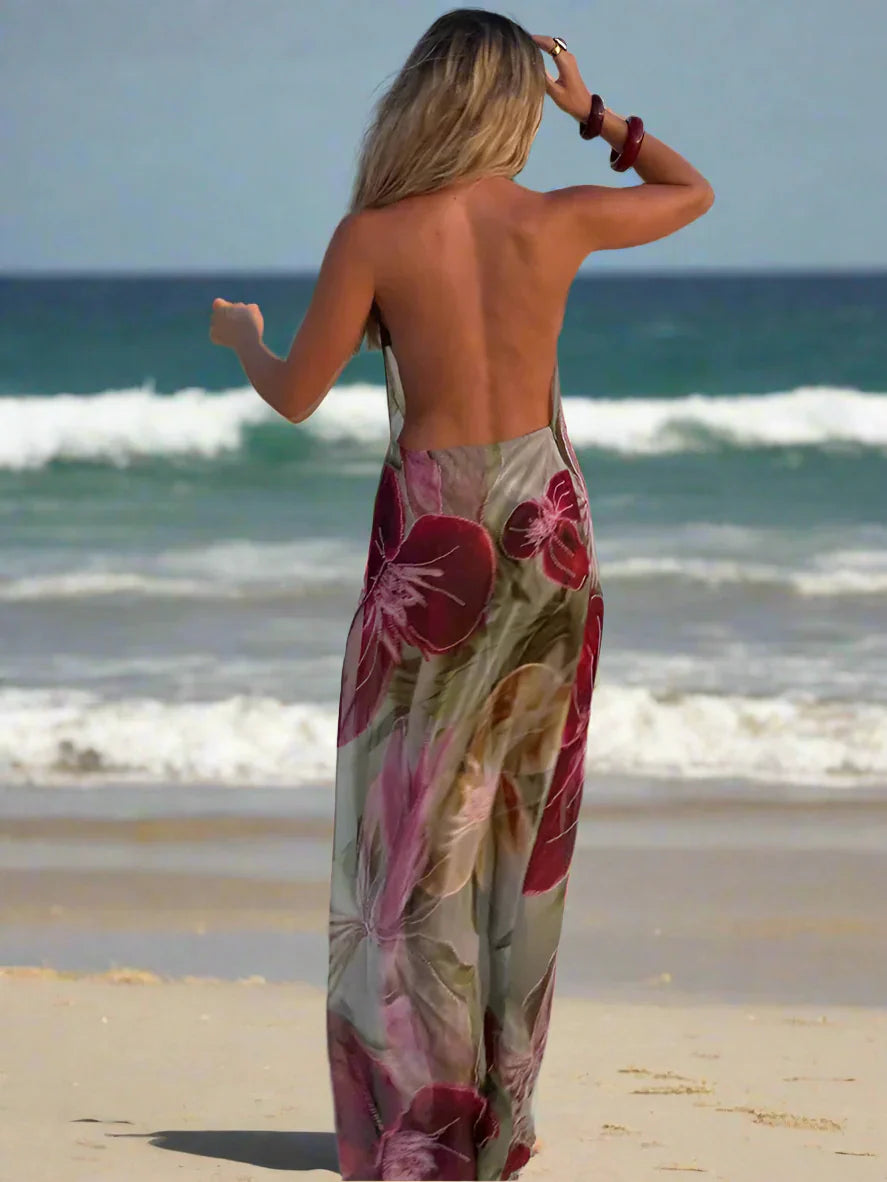 Floral Print Backless Halter Dress with Split for Women