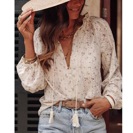 Boho Floral Printed Tassel Blouse