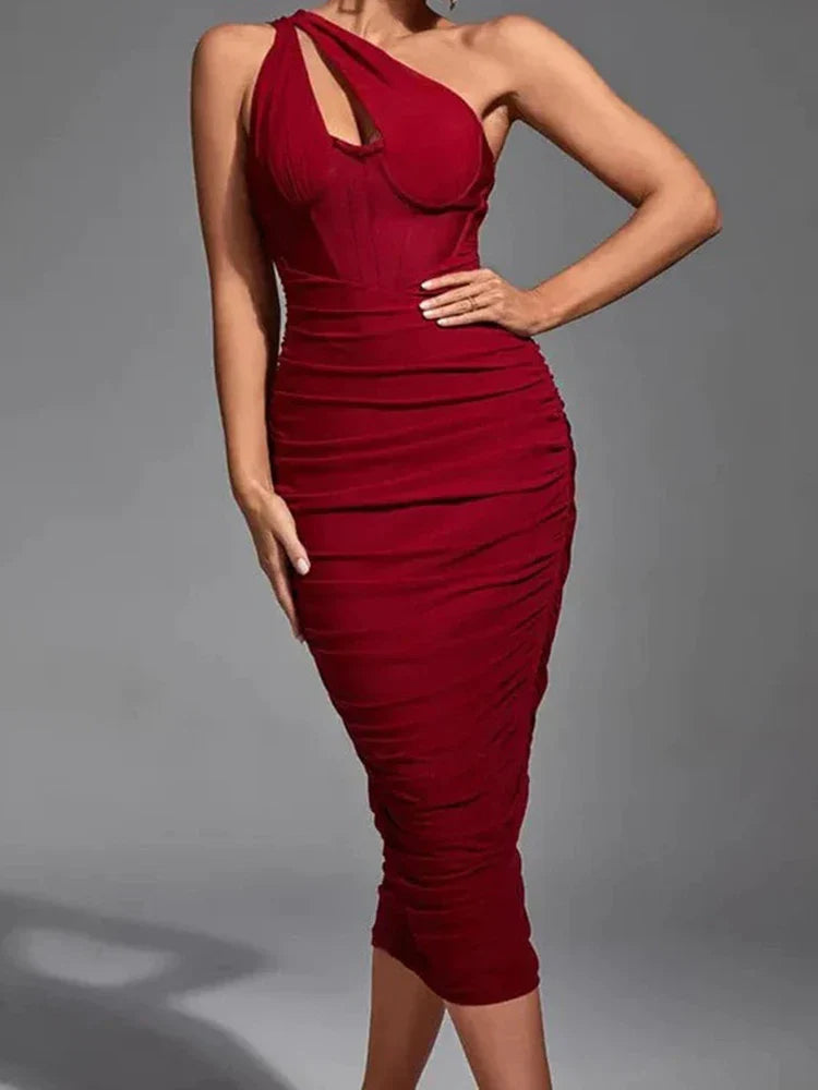 One Shoulder Ruched Bodycon Midi Dress