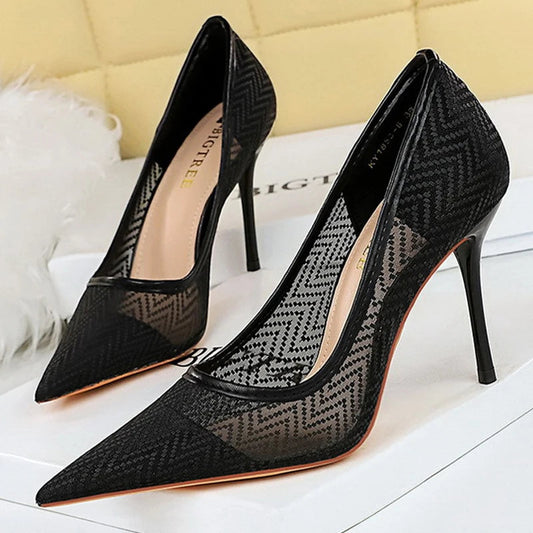 Lace Mesh Hollow Stiletto Heels Women Pumps Fashion High Heels