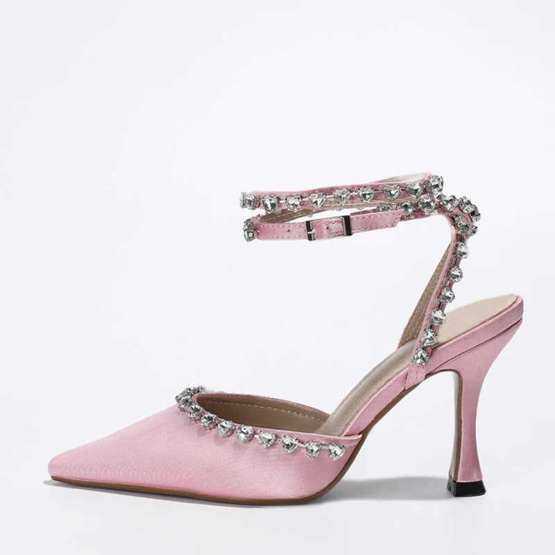 Crystal Heart Shaped Ankle Strap Women Pumps Sandals