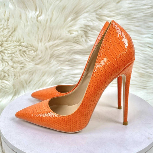 Orange Crocodile Effect Women Pointy Toe High Heel Shoes