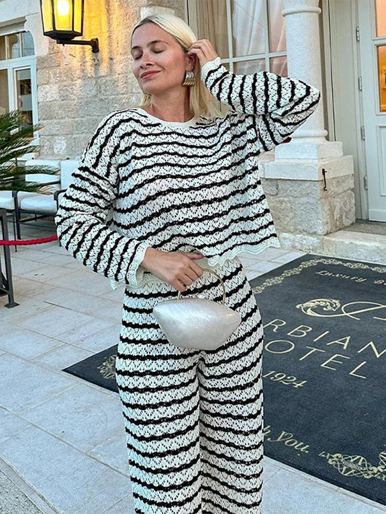 Hollow Striped Wide Leg Knit Set