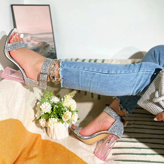 Bling Fashion Ankle Buckle Strap Gladiator Sandals with Square Heel for Women
