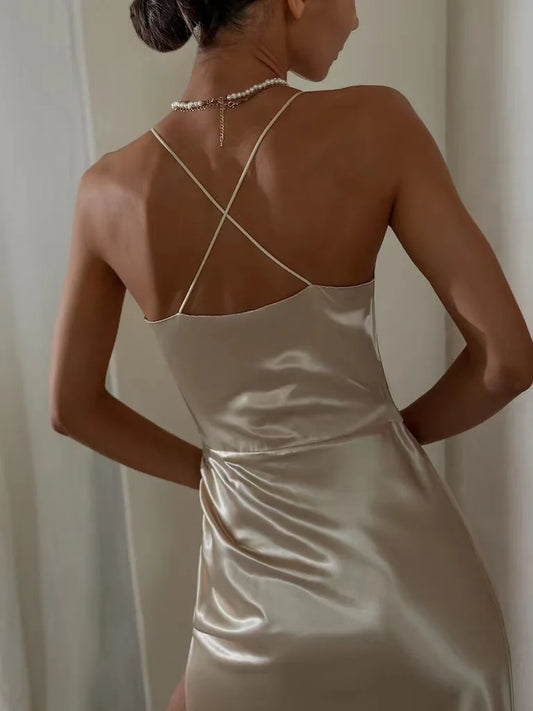 Satin Backless Slit Camisole Midi Dress