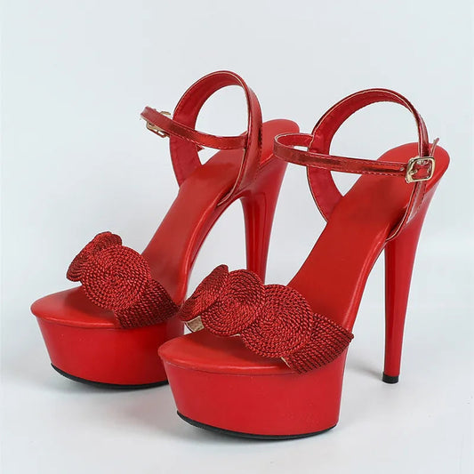 Red High Heels Platform Sandals with Fashion Buckle Strap for Women