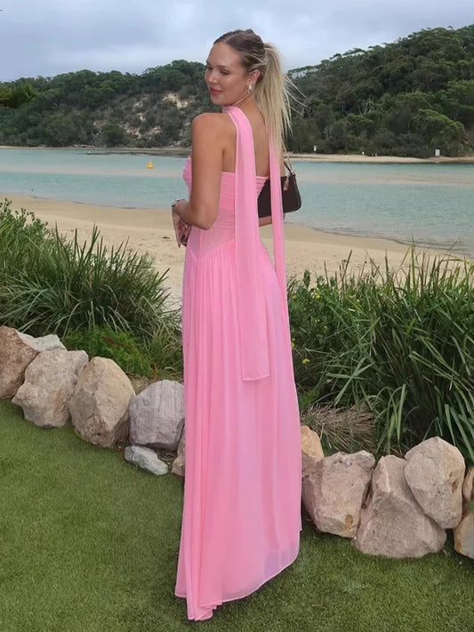 Strapless Mesh Ribbon One-Shoulder Maxi Dress