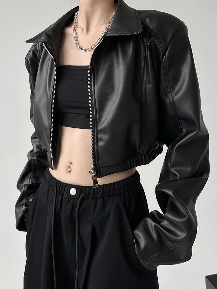 Black PU Retro Lapel Crop Coat