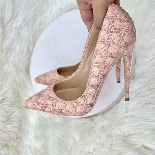 Pink Lace Fabric Pointy Toe High Heel Wedding Bridemaids Shoes