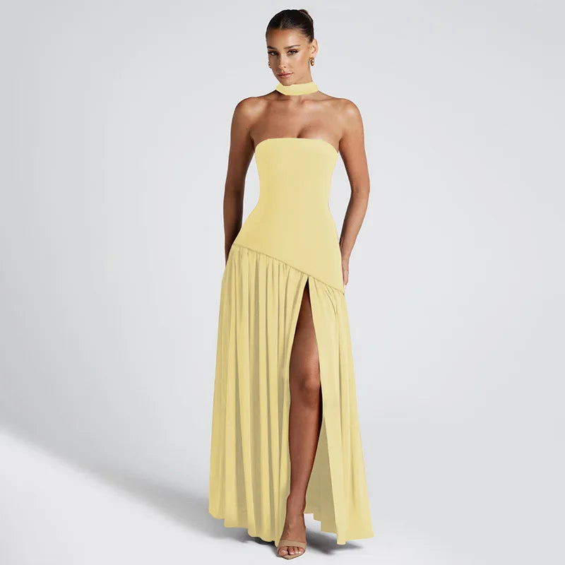 Backless Slit Ribbon Strapless Maxi Dress