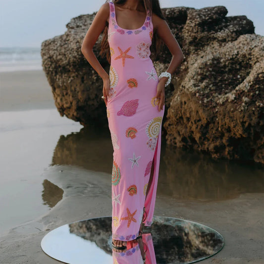 Starfish Print U-Neck Tank Midi Dress