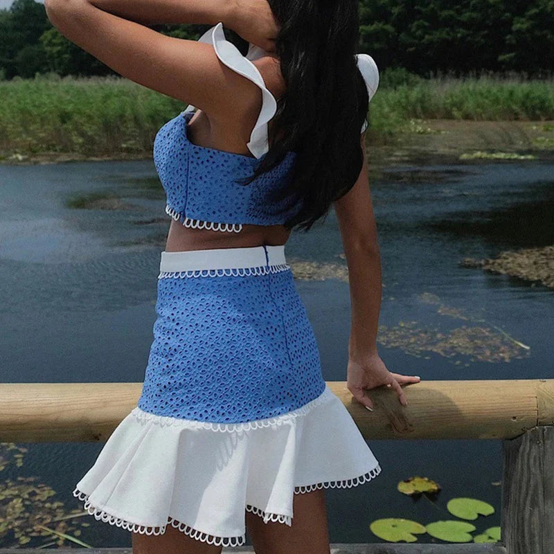Flying Sleeve Colorblock Skirt Two Piece Set