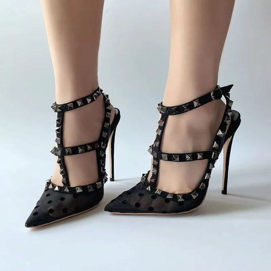 Black Gauze Mesh Gladiator High Heel Shoes with Summer Studs Rivets and Backless Design
