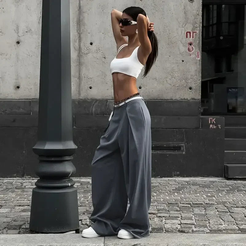 TAVIMART - Y2K Lace Patchwork Waist Pants Women Baggy Casual Korean Oversize Office Trousers