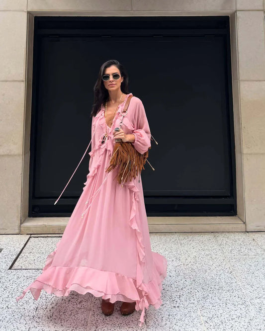 Ruffled Long Sleeve Chiffon Maxi Dress
