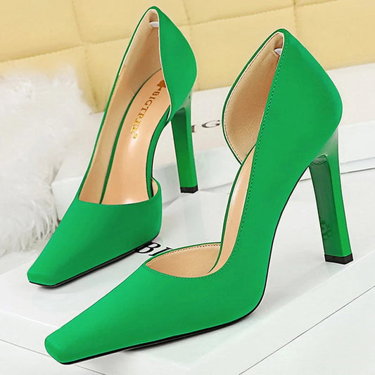 Thick Heel and Super High Heel Pumps in Silks and Satins for Women