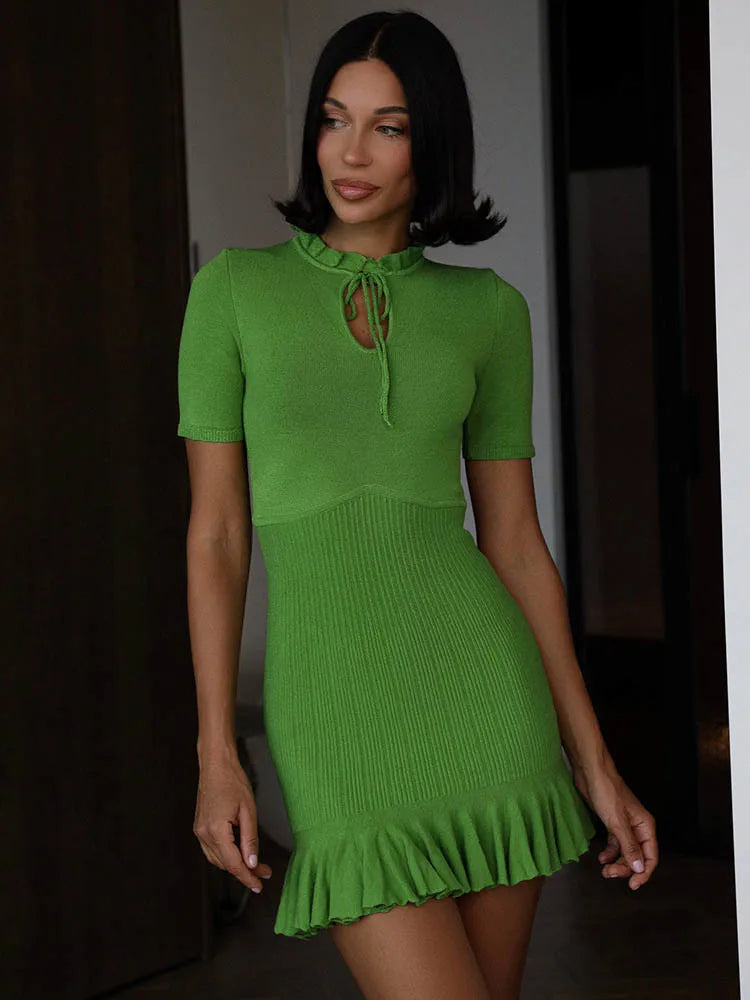 Ruffle Hollow Ribbed Pullover Bodycon Dress